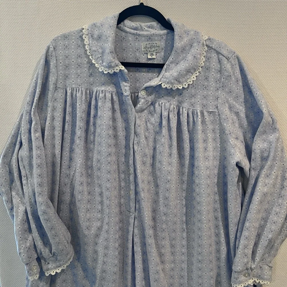 Lanz Of Salzburg Vintage Nightgown Blue White Floral Long Sleeve Lace Trim Sz XL